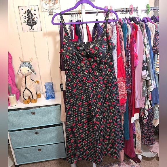 Stop Staring! Pin up retro cherry print black red Polka Dot Dress - Picture 1 of 3